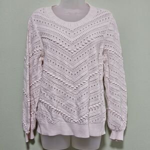 LOFT Textured Chevron Knit Sweater Large White Crew Neck Long Sleeve Cozy